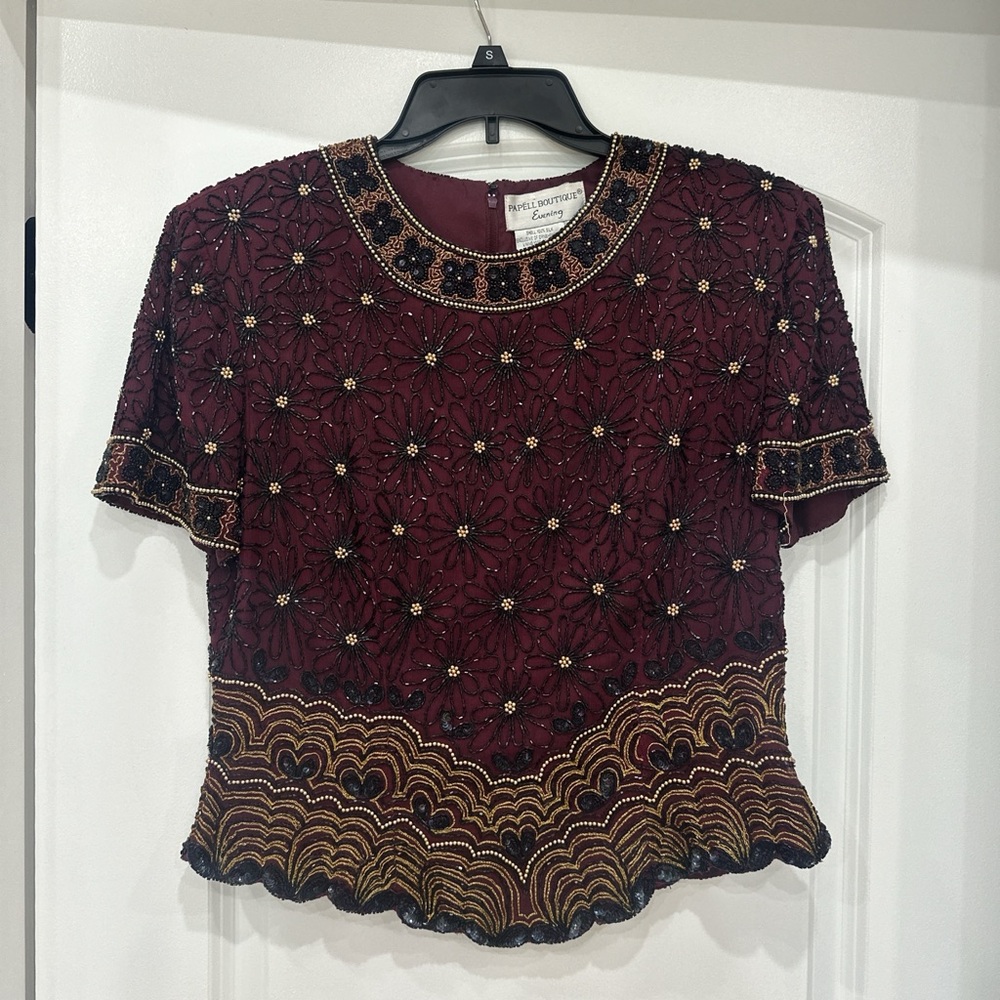 Papell Boutique Burgundy and Gold Embellished Blouse